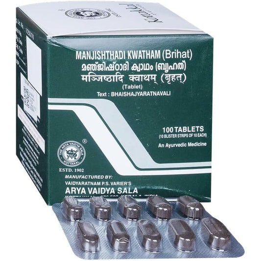 Kottakkal Arya Vaidya Sala Manjishthadi Kwatham Brihat 100 Tablets front view for skin disorder treatment.
