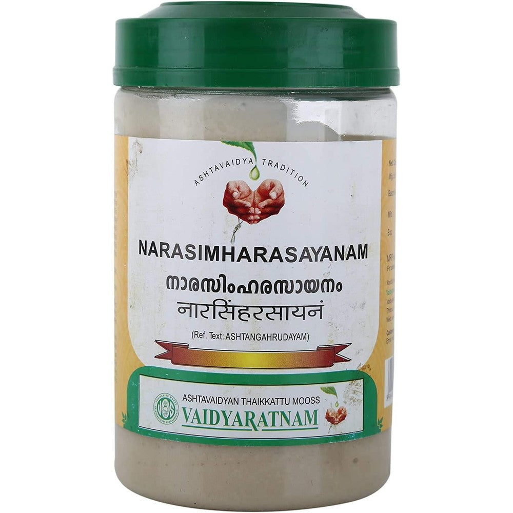 Vaidyaratnam Narasimha Rasayanam 350g jar front view showing authentic Ayurvedic labeling.