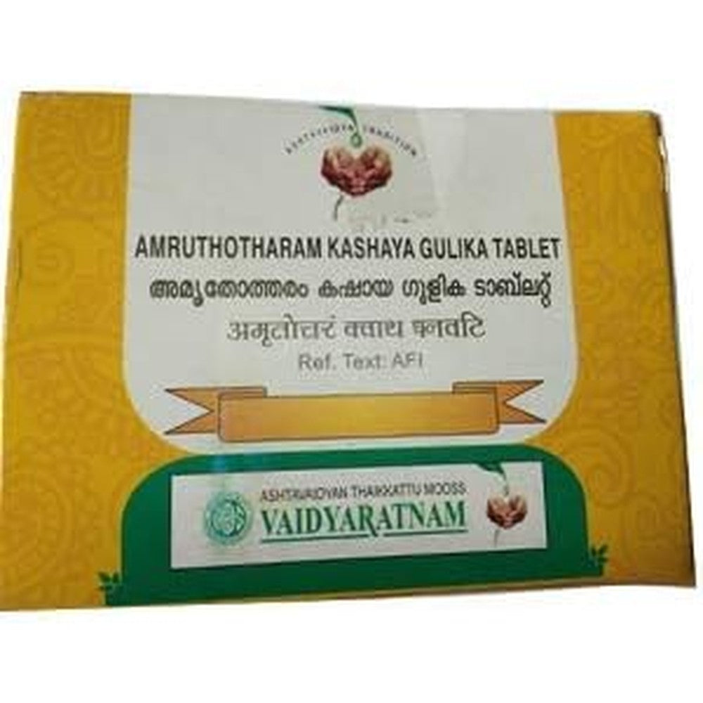 Vaidyaratnam Amruthotharam Kashaya Gulika 100 Tablets front view for fever relief.