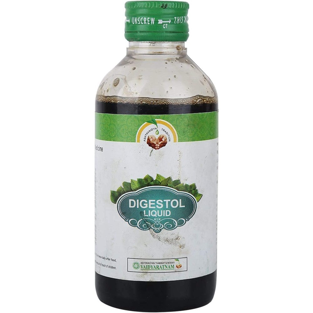 Vaidyaratnam Digestol Liquid 200ml front view for digestive relief.