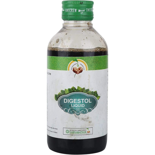 Vaidyaratnam Digestol Liquid 200ml front view for digestive relief.