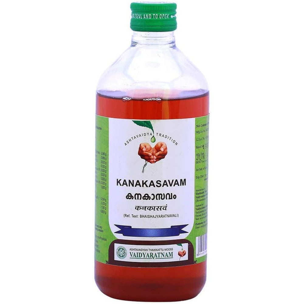 Vaidyaratnam Kanakasavam 450 ml front view of Ayurvedic respiratory medicine.