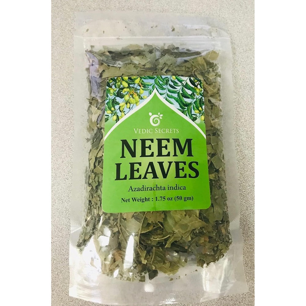 Vedic Secrets Neem Leaves 50 grams front view of packaging for Ayurvedic wellness.