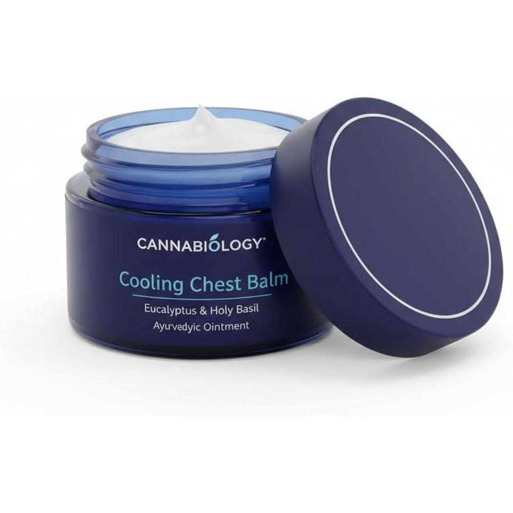 CANNABIOLOGY EST. 2016 Cooling Chest Balm jar front view featuring eucalyptus and holy basil ingredients.