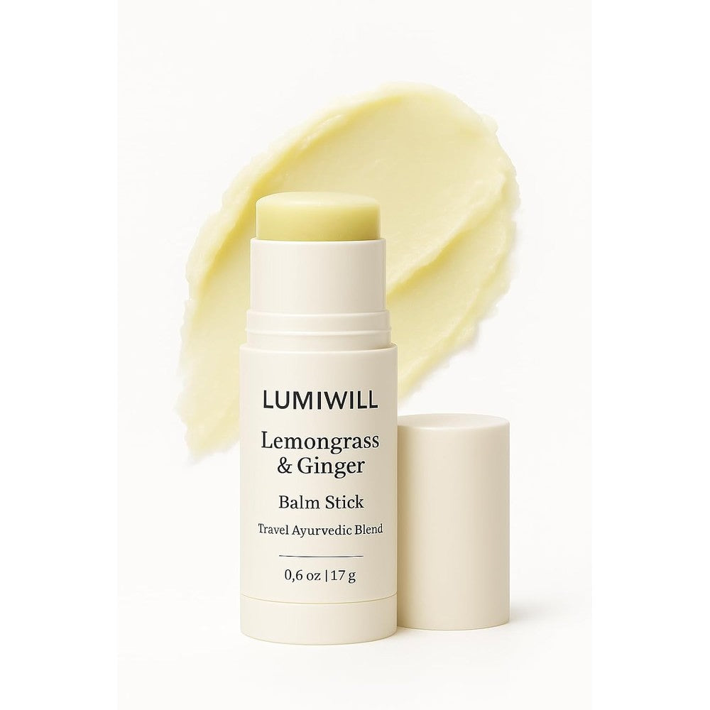 LUMI WILL Lemongrass and Ginger Balm Stick front view authentic Ayurvedic travel blend.