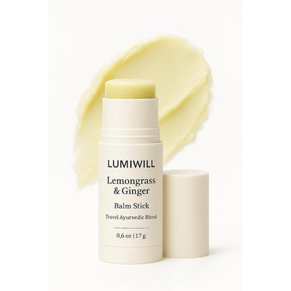 LUMI WILL Lemongrass and Ginger Balm Stick front view authentic Ayurvedic travel blend.