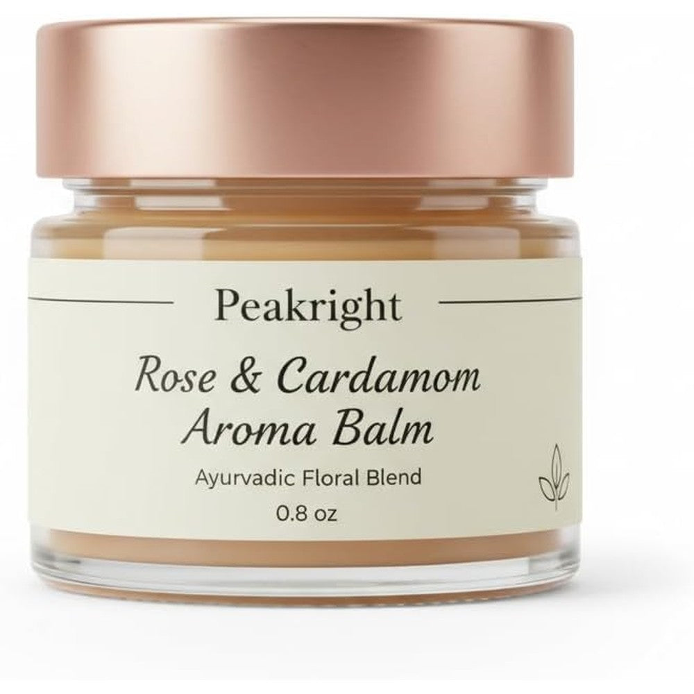 Peakright Rose and Cardamom Aroma Balm front view of 0.8 Ounce tin for natural fragrance.