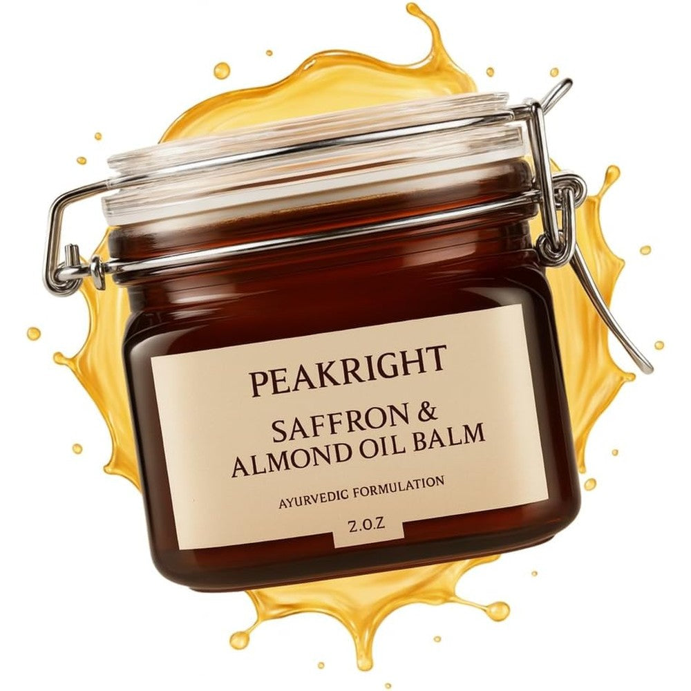 Peakright Saffron and Almond Oil Balm 2 Ounce glass jar front view for skin brightening.