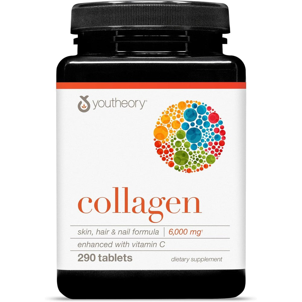 Youtheory Advanced 6000mg Collagen Peptides 290 Tablets front view showing brand packaging.