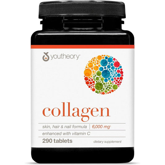 Youtheory Advanced 6000mg Collagen Peptides 290 Tablets front view showing brand packaging.