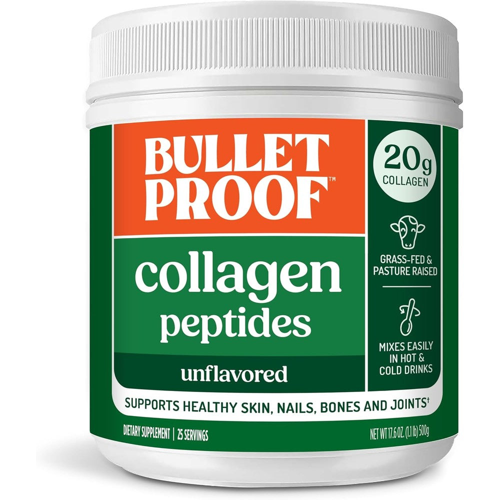 Bulletproof Grass Fed Collagen Peptides 17.6 Ounce jar front view showing unflavored protein powder.