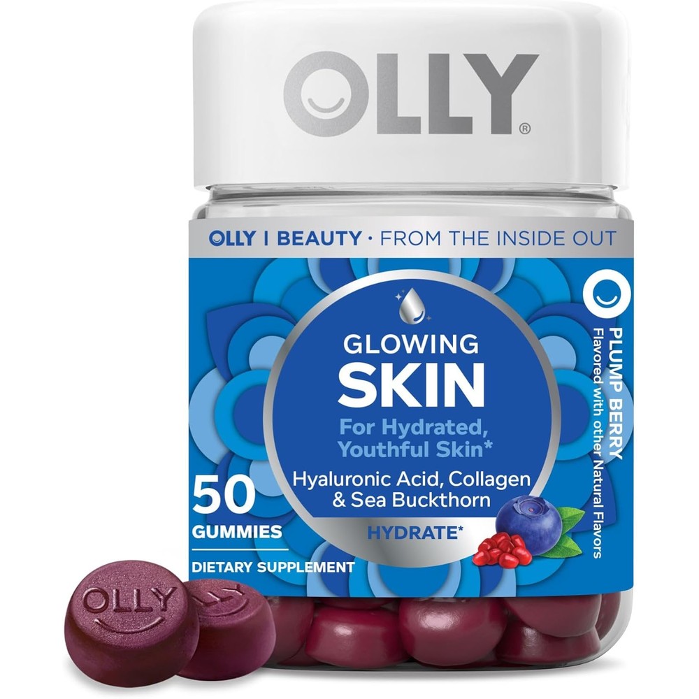 OLLY Glowing Skin Collagen Gummy Supplements front view bottle showcasing plump berry flavor