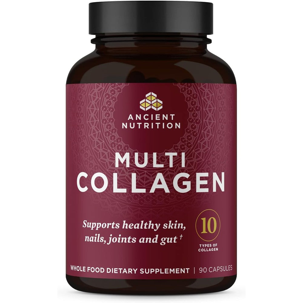 Ancient Nutrition Multi Collagen Peptides 90 capsules front view bottle showing premium skin and nail support supplement.
