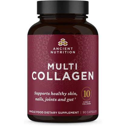 Ancient Nutrition Multi Collagen Peptides 90 capsules front view bottle showing premium skin and nail support supplement.
