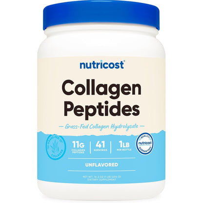 Nutricost Grass Fed Bovine Collagen Peptides unflavored powder 454 grams container front view