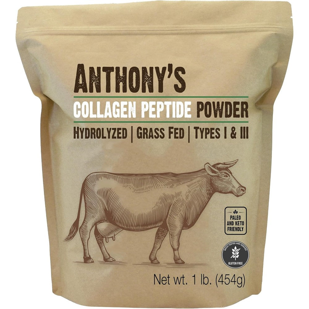 Anthony's Collagen Peptide Unflavored 1lb Powder front view showing premium packaging.