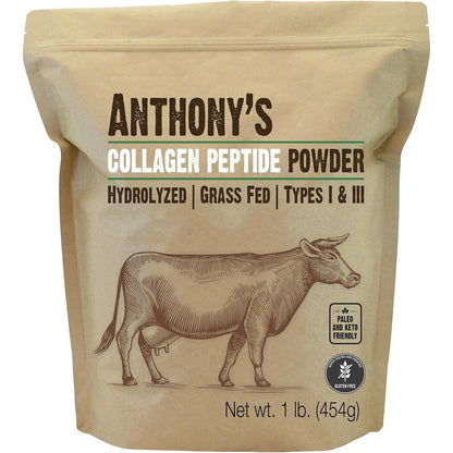 Anthony's Collagen Peptide Unflavored 1lb Powder front view showing premium packaging.