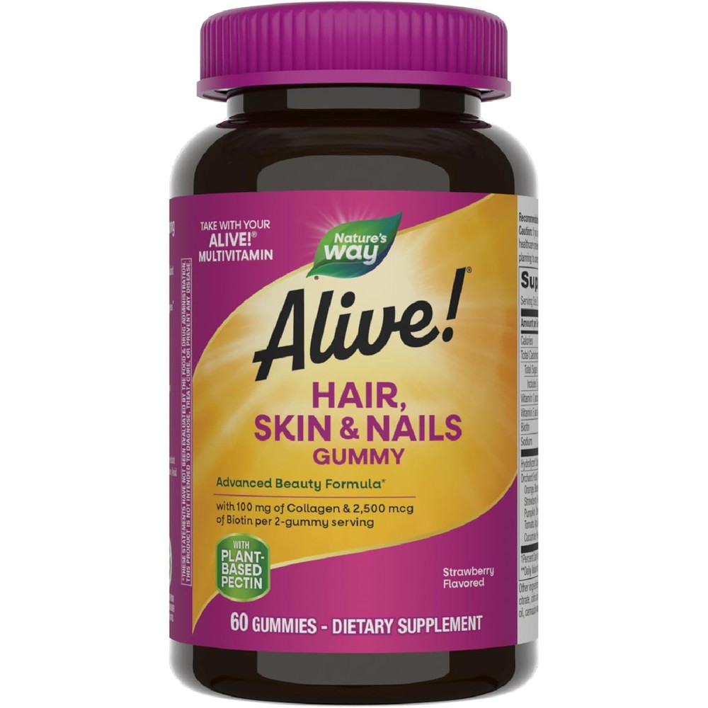 Nature's Way Alive Hair Skin and Nails Strawberry 60 Gummies front view bottle for premium beauty care