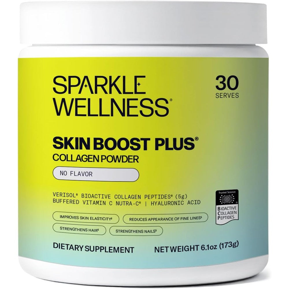 Sparkle Wellness Skin Boost Plus unflavored collagen peptides powder front packaging view for premium skincare support