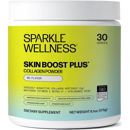 Sparkle Wellness Skin Boost Plus unflavored collagen peptides powder front packaging view for premium skincare support
