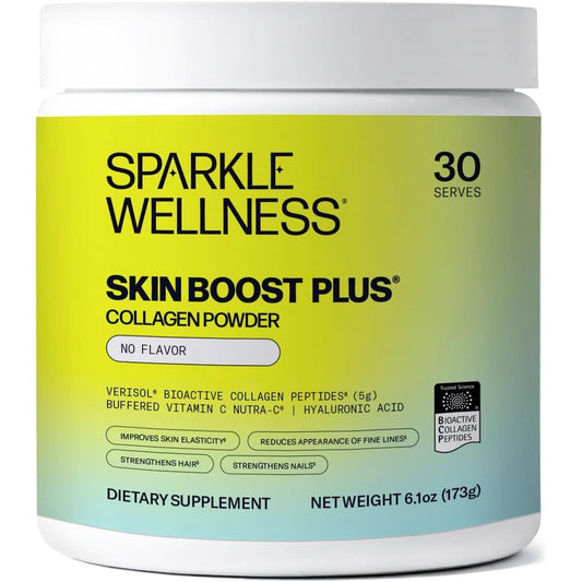 Sparkle Wellness Skin Boost Plus unflavored collagen peptides powder front packaging view for premium skincare support