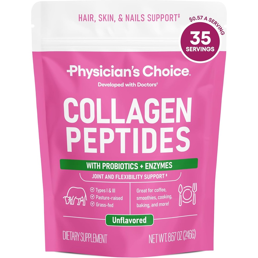 Physicians Choice Collagen Peptides Powder container front view showing premium hydrolyzed protein supplement for hair skin and joints.