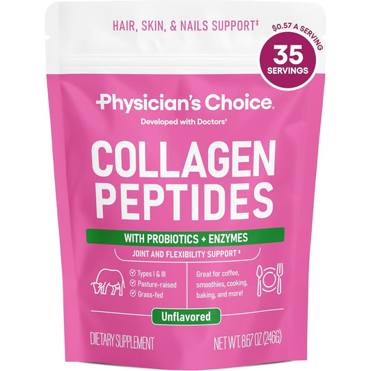 Physicians Choice Collagen Peptides Powder container front view showing premium hydrolyzed protein supplement for hair skin and joints.