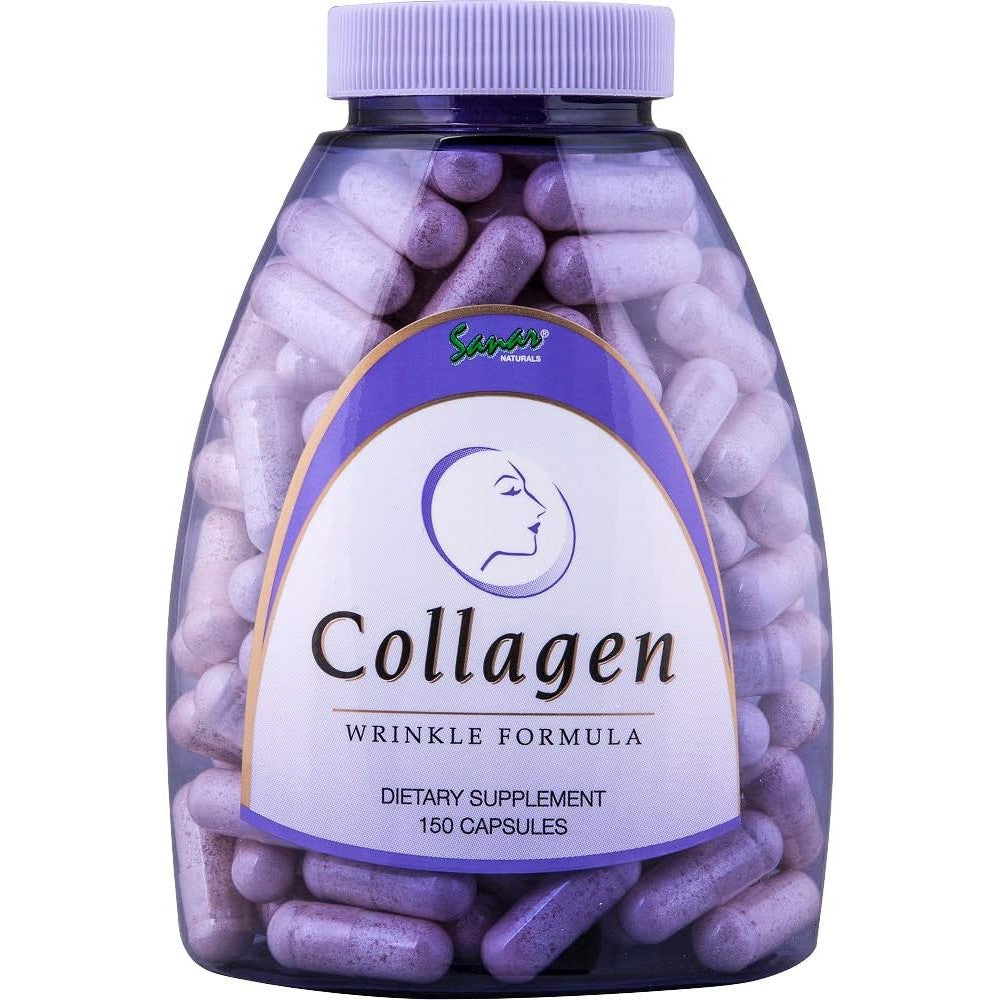 Sanar Naturals Collagen Peptides 150 capsules bottle front view showing wrinkle formula benefits