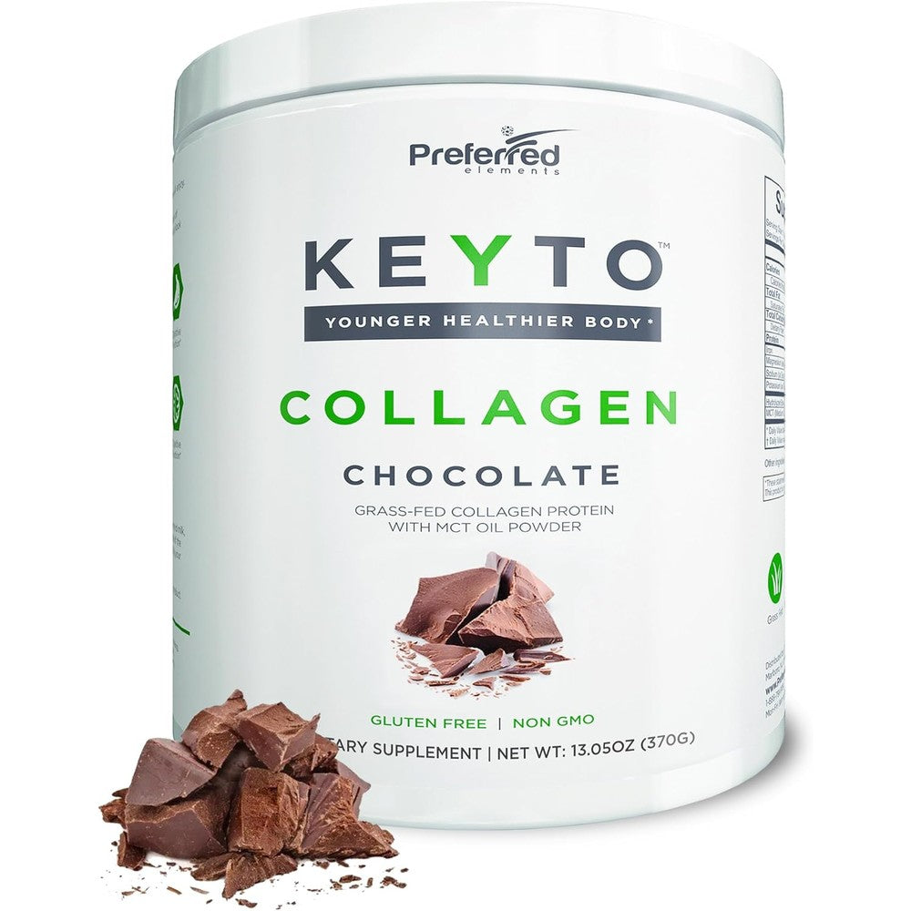 Preferred Elements Keto Collagen Chocolate Flavor Powder front view of the packaging container.
