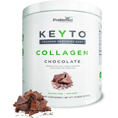 Preferred Elements Keto Collagen Chocolate Flavor Powder front view of the packaging container.