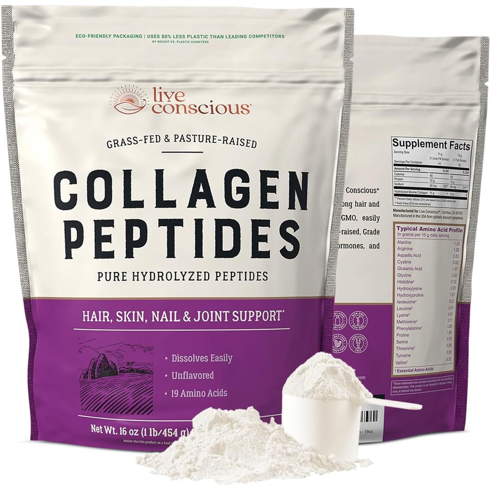 Live Conscious Collagen Peptides 16 Ounce unflavored powder front view showing grass-fed bovine protein certifications
