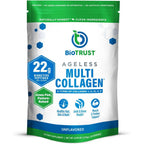 BioTrust Ageless Multi Collagen Peptides Powder front view of unflavored supplement jar