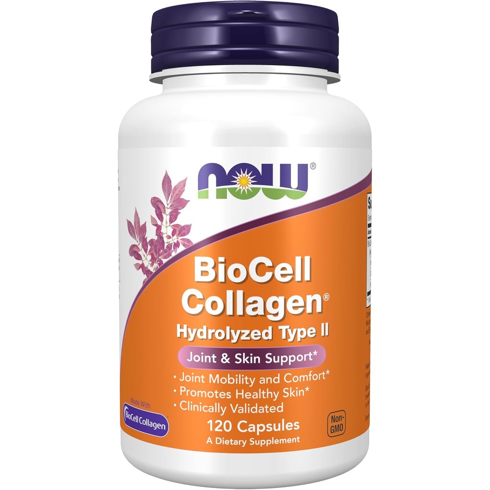 NOW Foods BioCell Collagen Hydrolyzed Type II 120 vegetable capsules front view showing product packaging and joint health benefits.