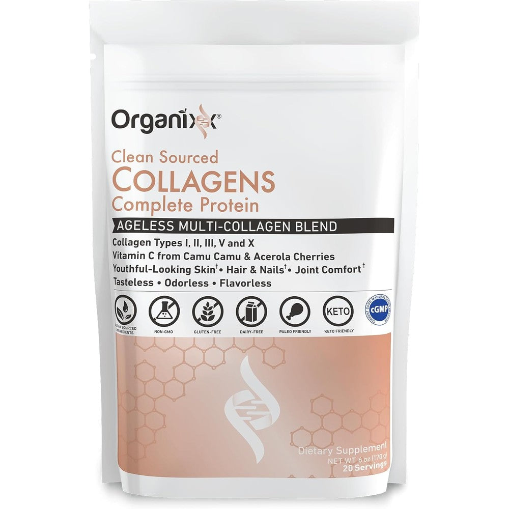 Organixx Clean Sourced Collagen Peptides Powder front view of minimalist white pouch showing multi collagen benefits.