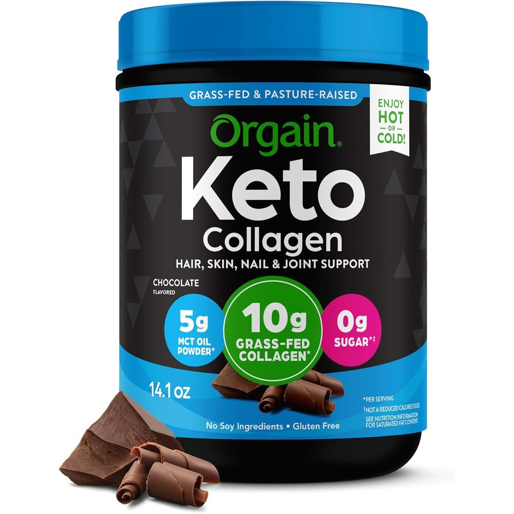Orgain Keto Collagen Protein Chocolate Powder front view of container showing grass fed certification