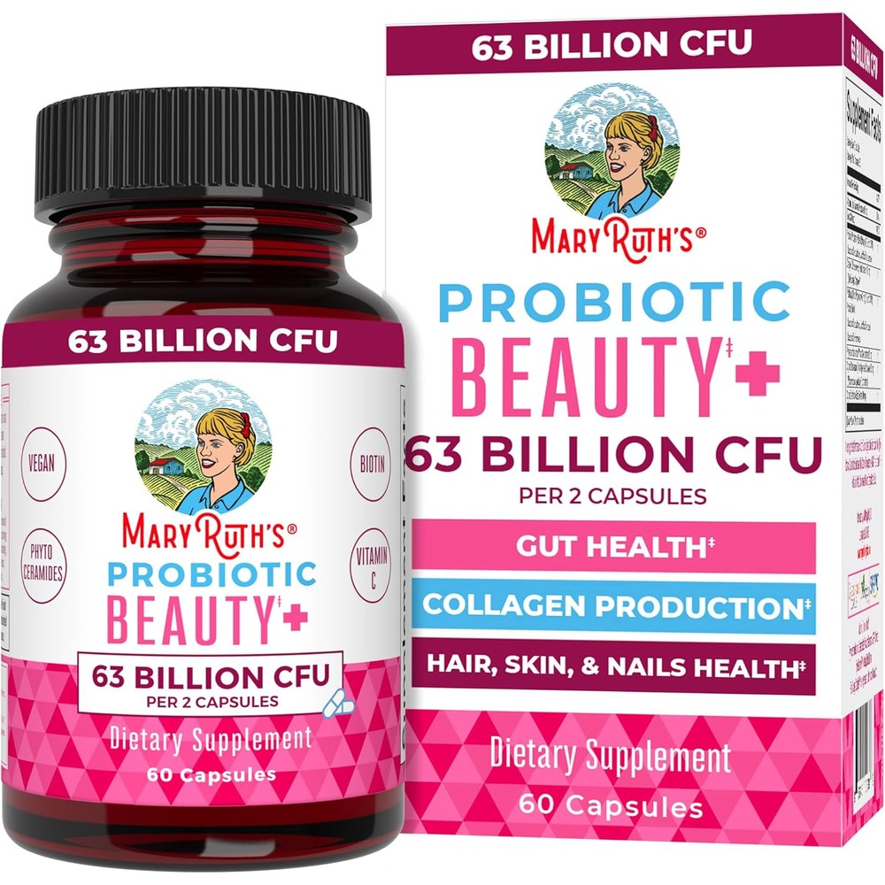 MaryRuth Organics Vegan Probiotics Beauty 60 Capsules front view bottle for anti aging support