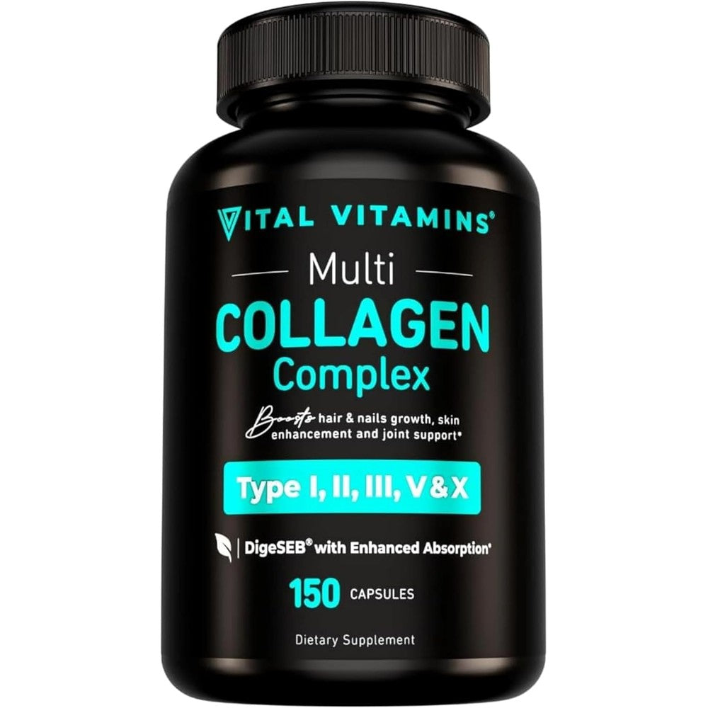 Vital Vitamins Multi Collagen Complex 150 capsules front bottle view showing five collagen types