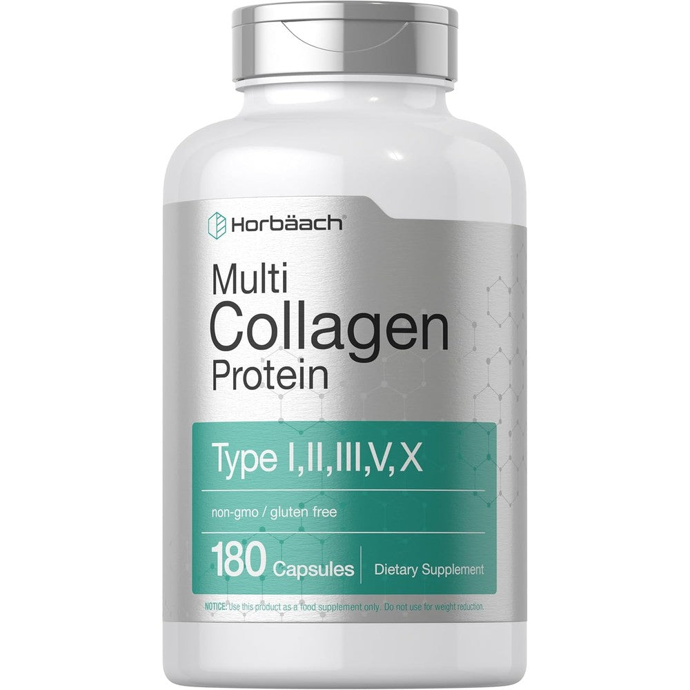 Horbäach Multi Collagen Protein 180 capsules front bottle view for skin and joint support.