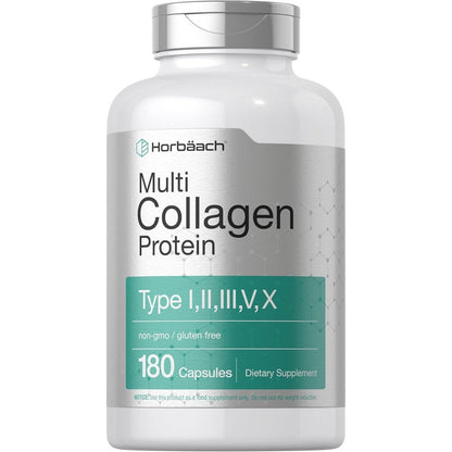Horbäach Multi Collagen Protein 180 capsules front bottle view for skin and joint support.