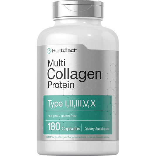 Horbäach Multi Collagen Protein 180 capsules front bottle view for skin and joint support.