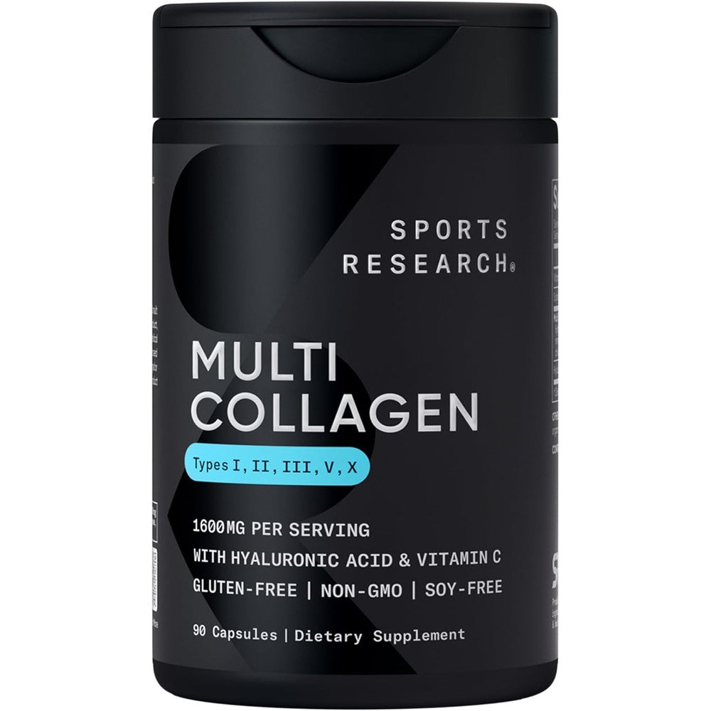 Sports Research Multi Collagen Complex 90 capsules front view bottle showing 5 types of collagen.