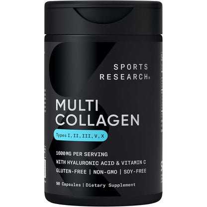 Sports Research Multi Collagen Complex 90 capsules front view bottle showing 5 types of collagen.