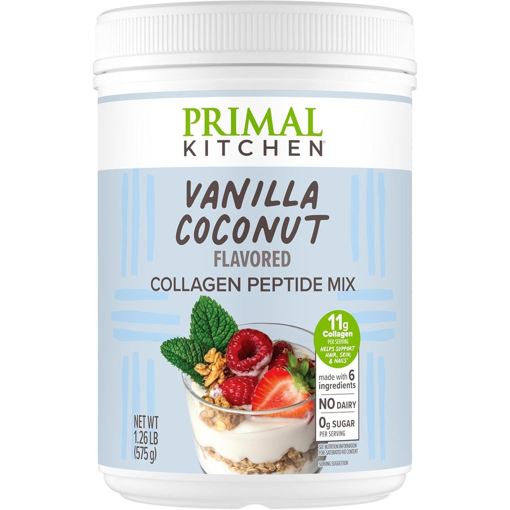 Primal Kitchen Collagen Fuel Vanilla Coconut front view canister for skin health