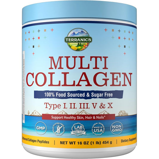 Terranics Multi Collagen Peptides Powder front view of the 16 ounce jar showing premium unflavored formula.