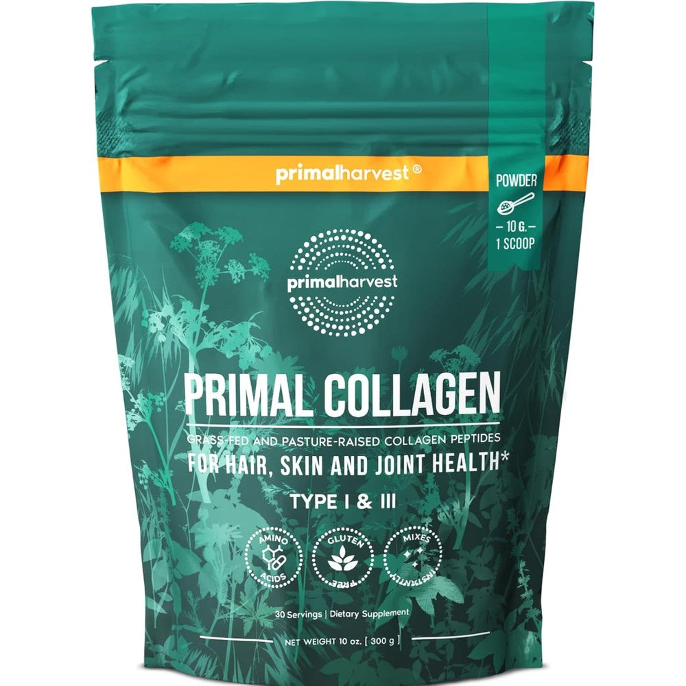 Primal Harvest Collagen Peptides 10 Ounce container front view showing premium packaging and grass-fed bovine source certification