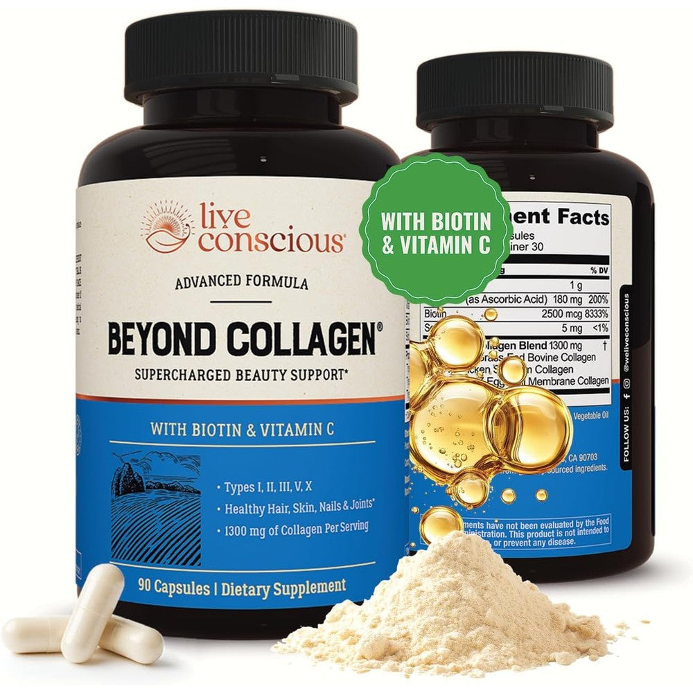Live Conscious Beyond Collagen Capsules front view showing supplement packaging for hair and skin.
