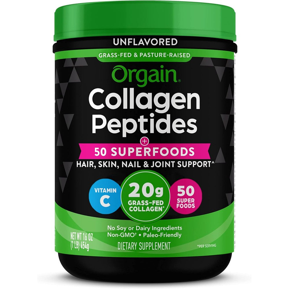 Orgain Hydrolyzed Collagen Peptides plus 50 Organic Superfoods unflavored powder front view for authentic health supplement shopping