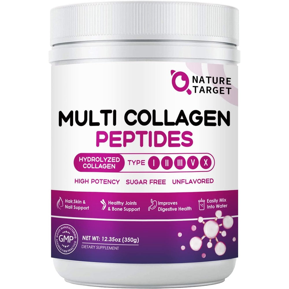 Nature Target Multi Collagen Peptides 350g Powder container front view showing collagen types and active ingredients.