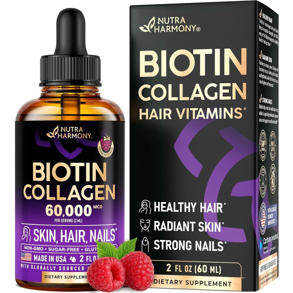 NutraHarmony Liquid Biotin and Collagen Raspberry Drops front view for natural hair growth support