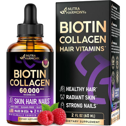 NutraHarmony Liquid Biotin and Collagen Raspberry Drops front view for natural hair growth support
